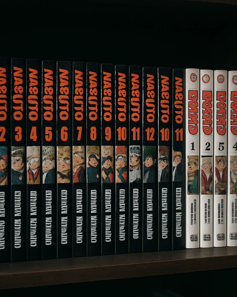 Luz natural suave sobre uma estante organizada com mangás e volumes físicos de Naruto e Boruto, lombadas alinhadas, tons