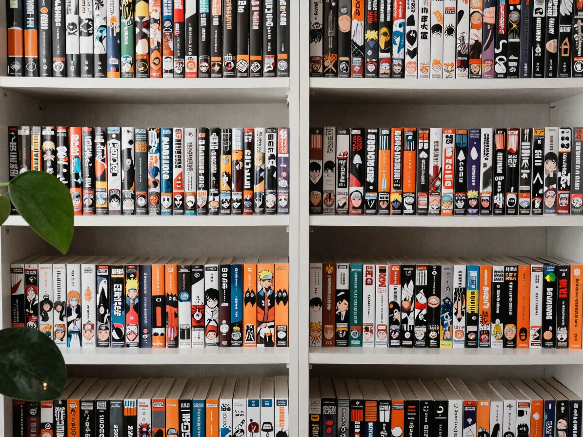 Fotografia editorial de estante com volumes e box de mangá de Nar