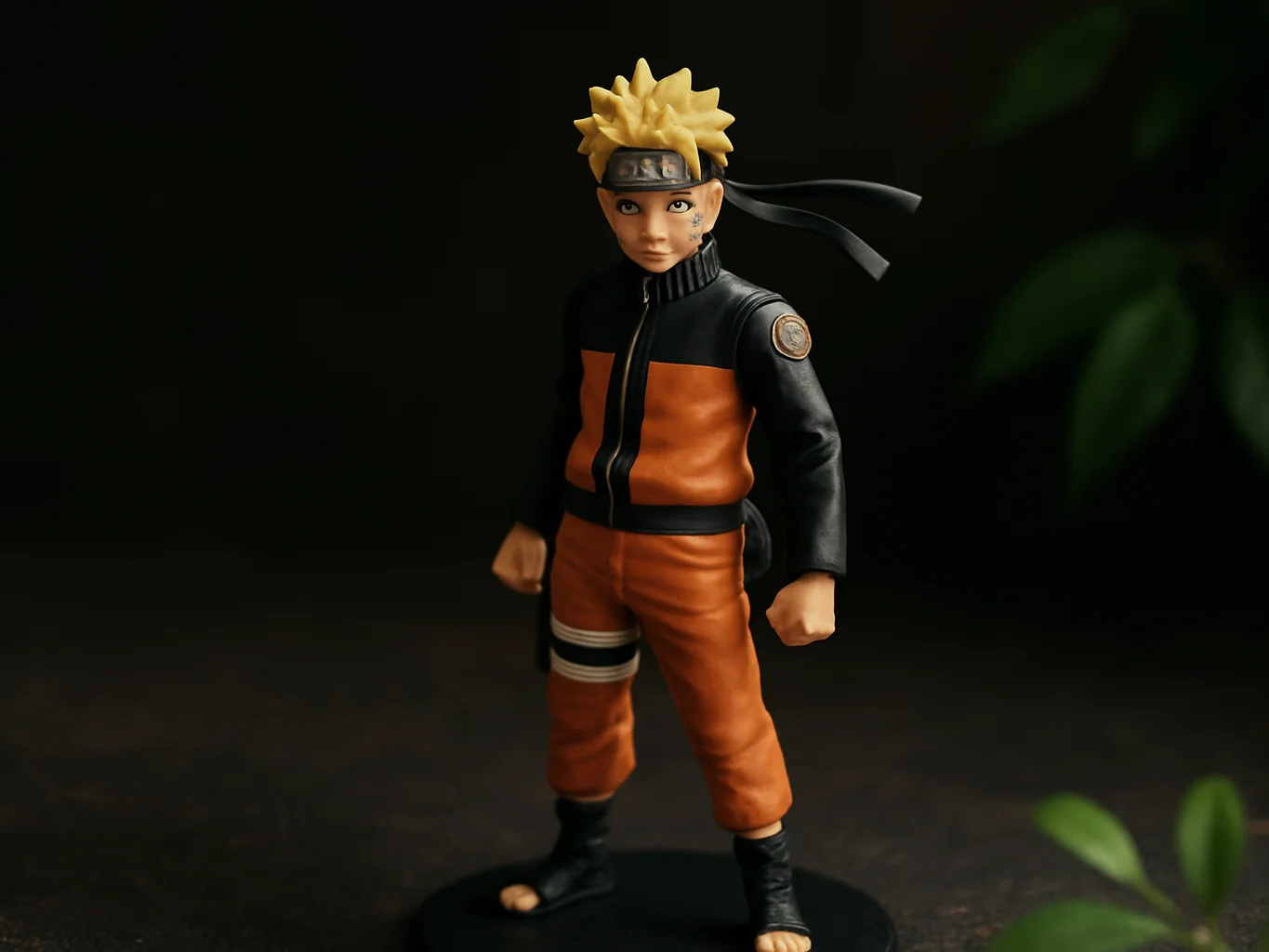 Detalhe próximo de action figure de Naruto sobre superfície escur