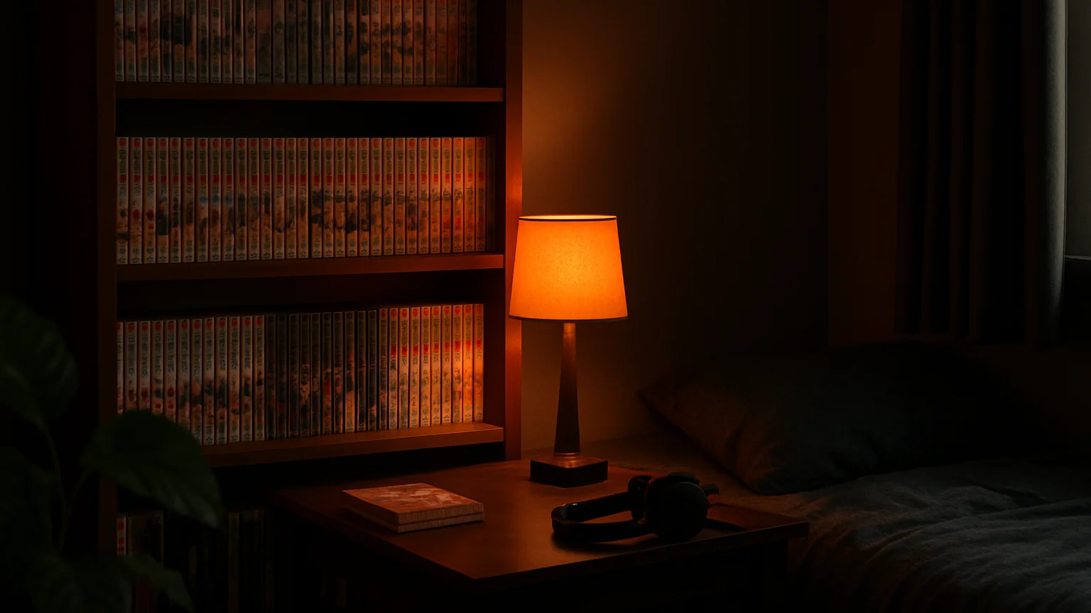 Ambiente de quarto otaku escuro com luminária de mesa acesa ilumi