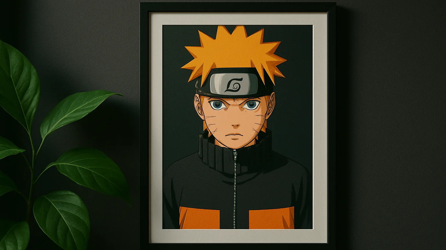 Detalhe de quadro emoldurado com arte de Naruto pendurado em pare