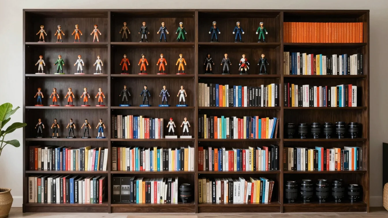 Vista ampla de estante organizada com action figures e livros, lu